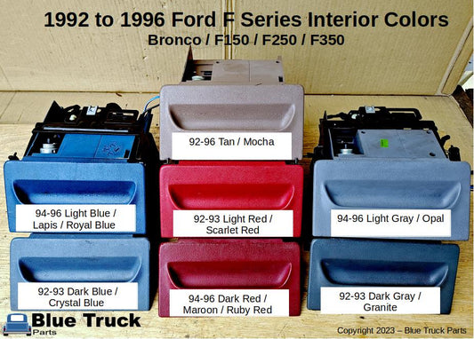 A collection of ashtrays from 1992 to 1996 Ford trucks showing the colors that were produced for various years.