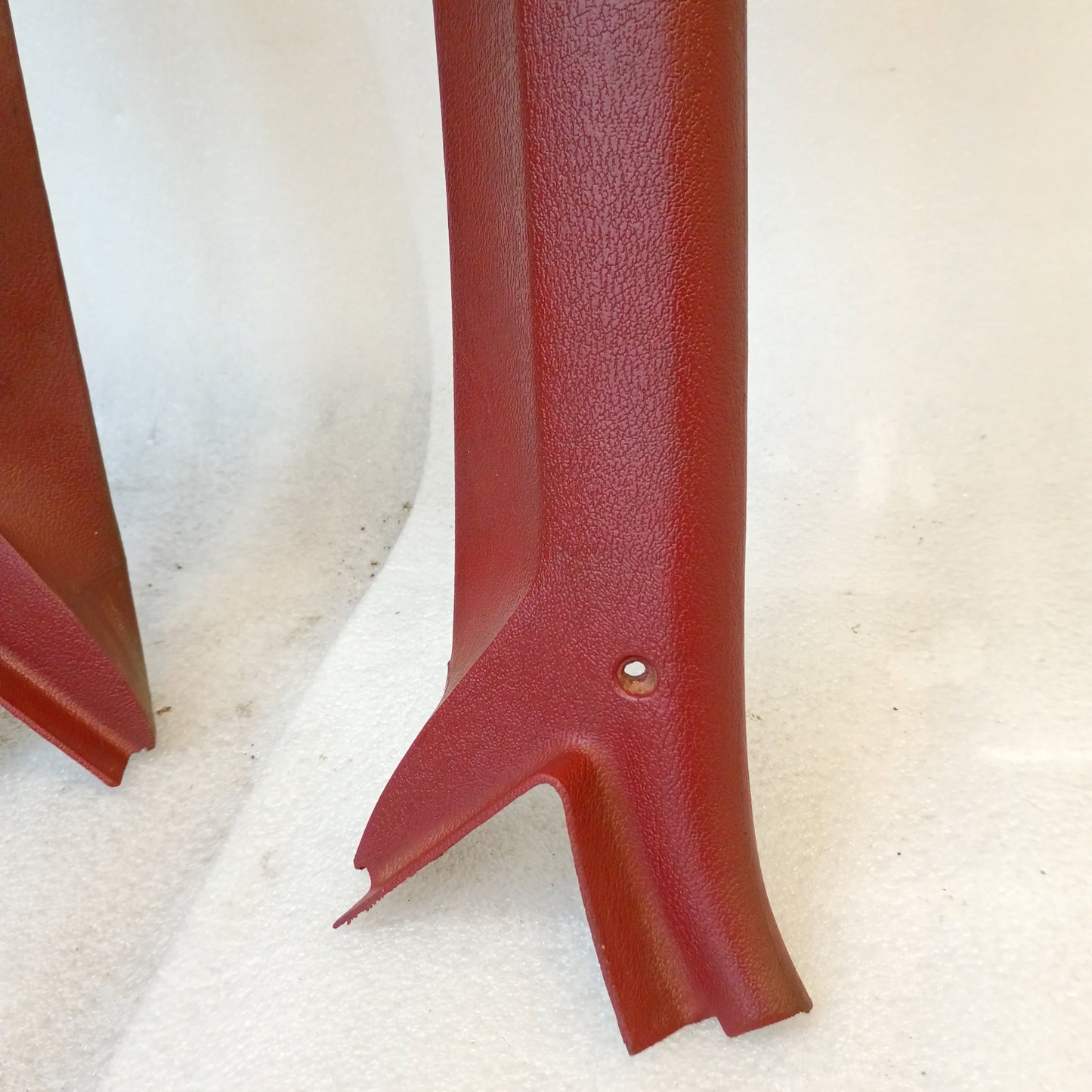 Red A-pillar trim set for 1980-1986 Ford F150, F250, F350, Bronco. Good condition, minor blemishes, original Ford parts.