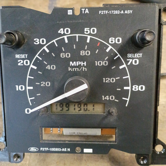 Ford speedometer, odometer reading 199190.1 miles, for 1992-1997 F-150, F-250, F-350, Bronco; no damage, ready to install.