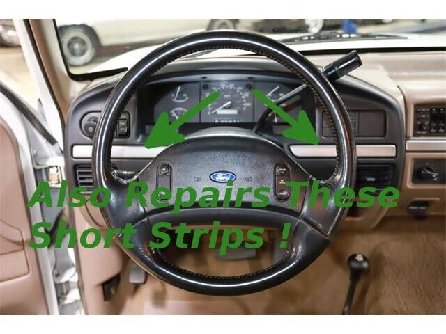 Dashboard of a Ford truck with green arrows pointing to the short silver trim strips behind the steering wheel, overlaid with text Also Repairs These Short Strips!