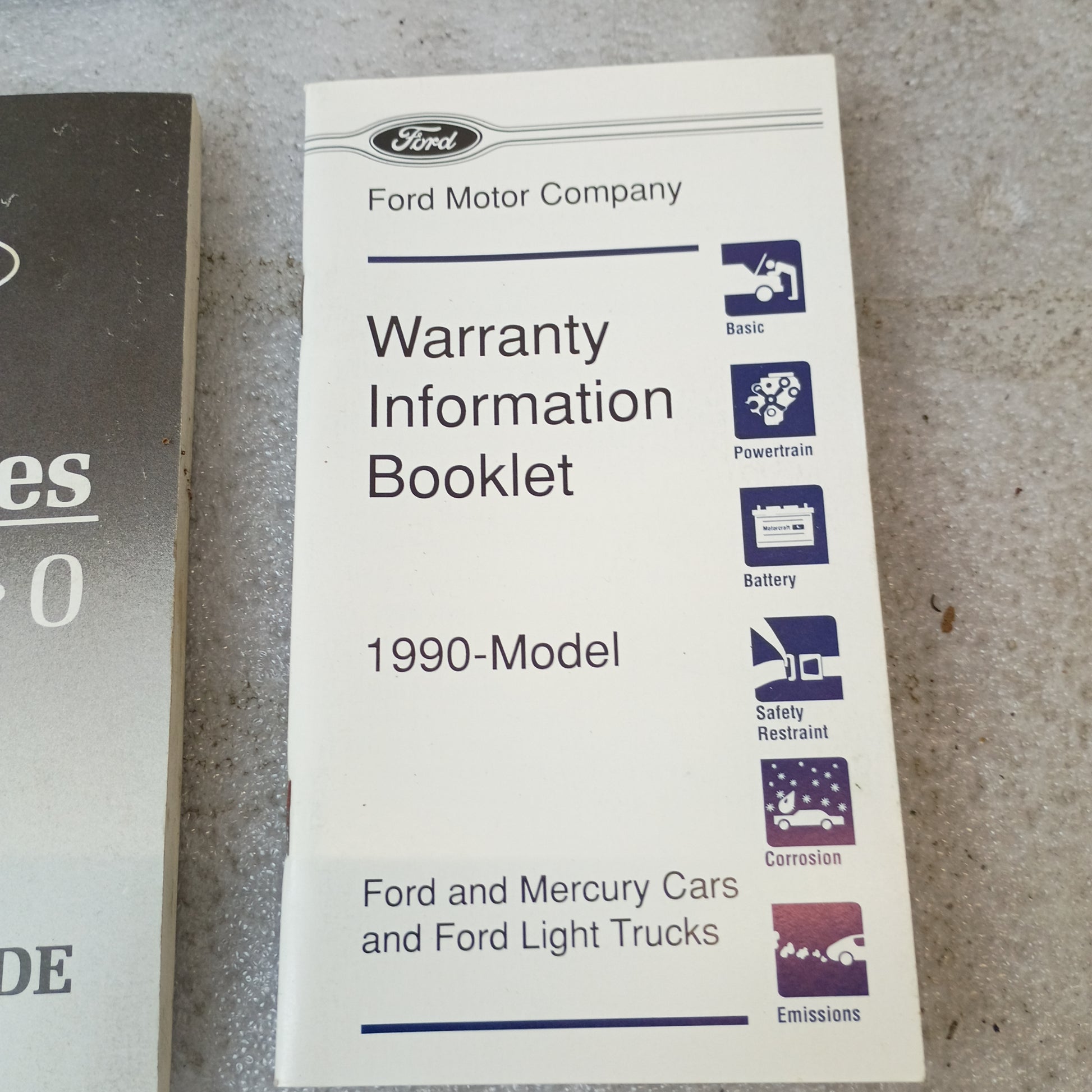 Ford Warranty Information Booklet for 1990 F-Series and Bronco, focusing on basic, powertrain, battery, safety, corrosion, and emissions.