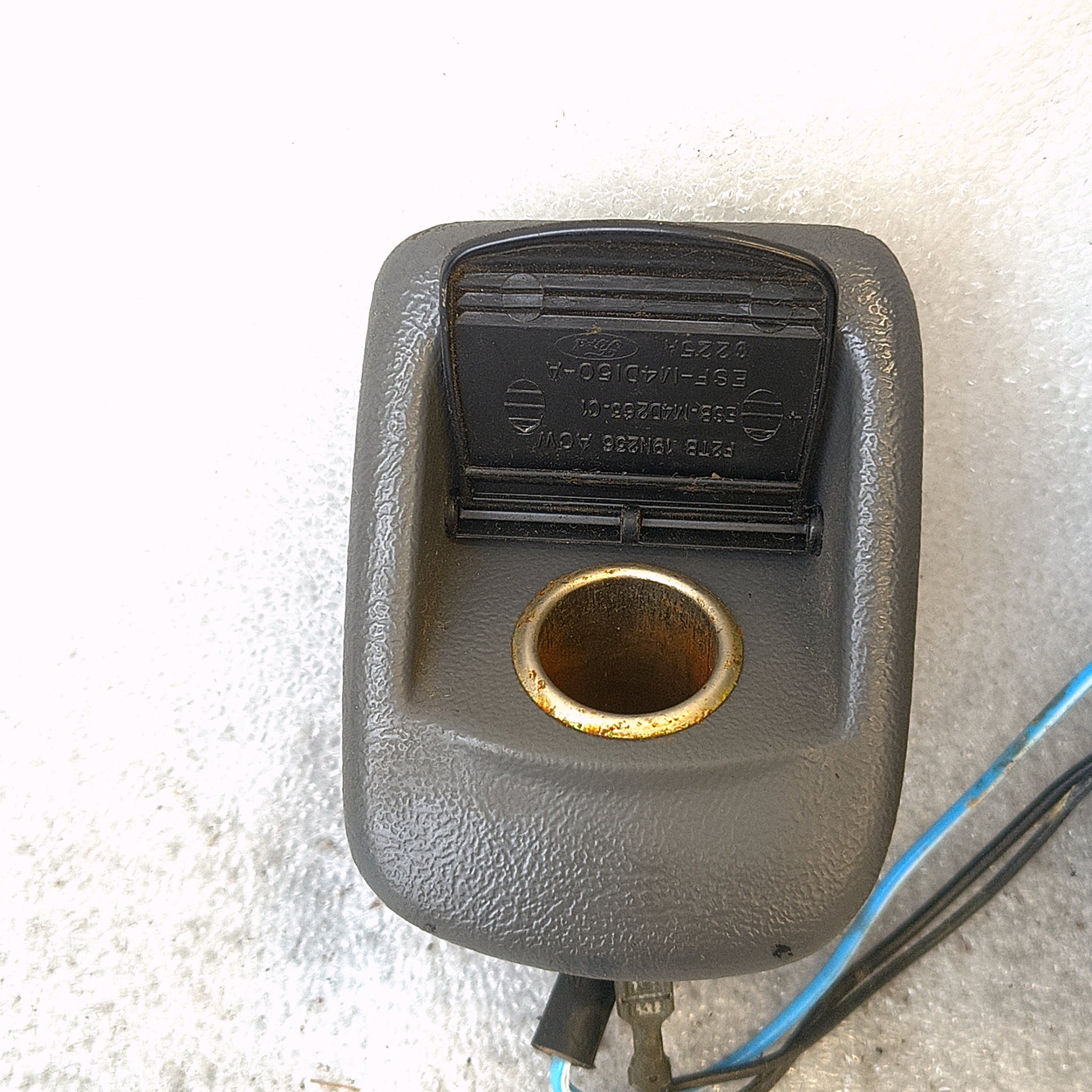 Granite gray ashtray assembly with power port and wire harness for 1992-1996 Ford F150, F250, F350, Bronco.