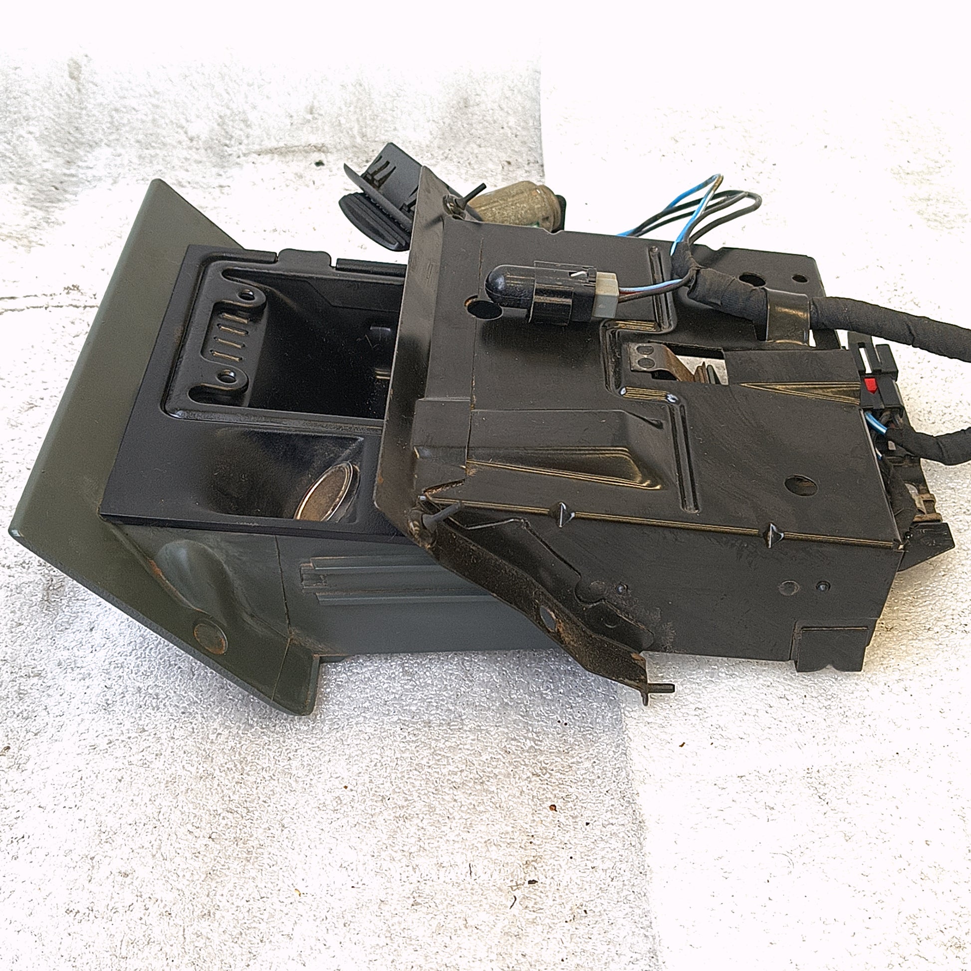 Granite gray ashtray assembly with power port and wire harness for 1992-1996 Ford F150, F250, F350, and Bronco.