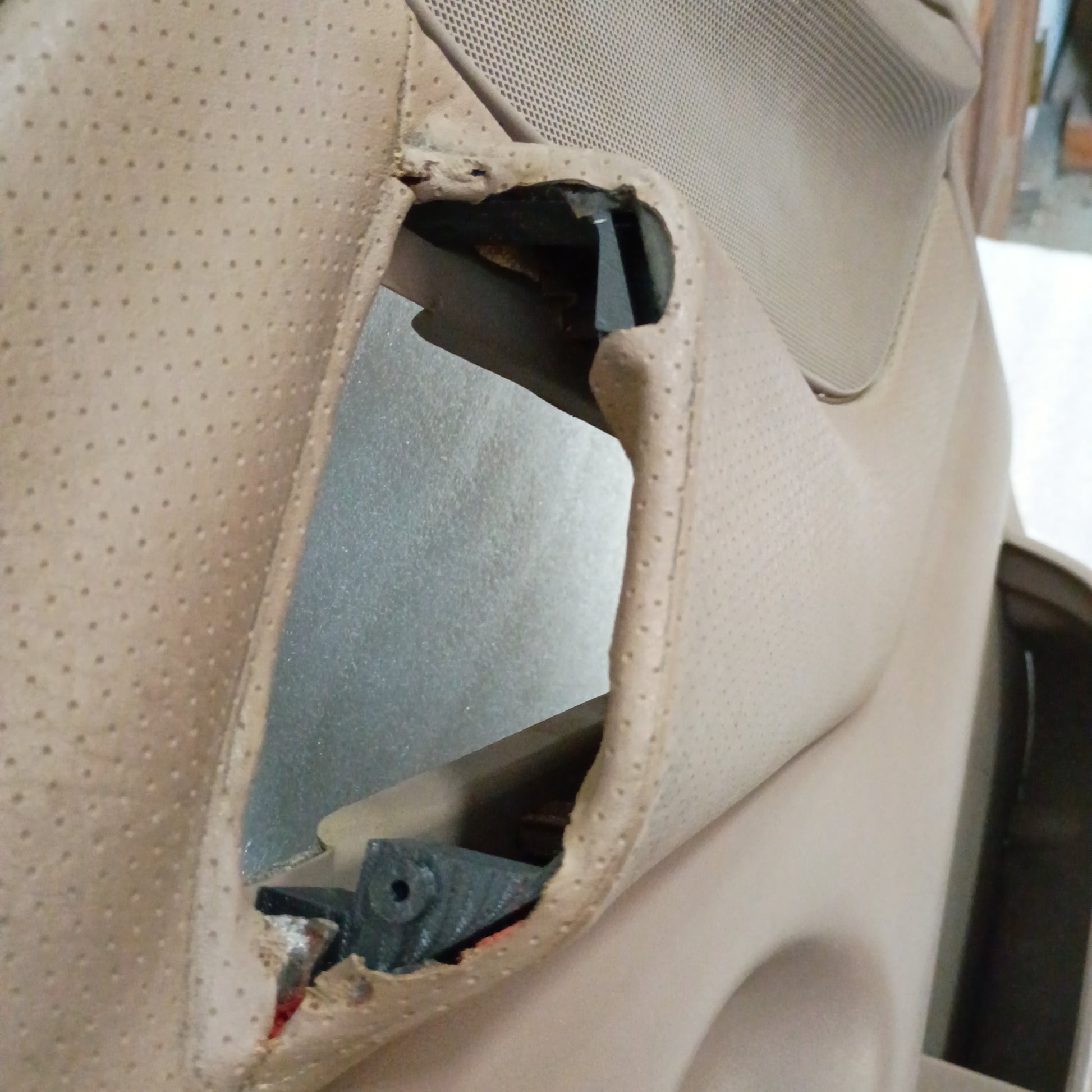Tan door panel for Ford F150/F250/F350/Bronco with a worn opening and visible black trim, suitable for power windows.