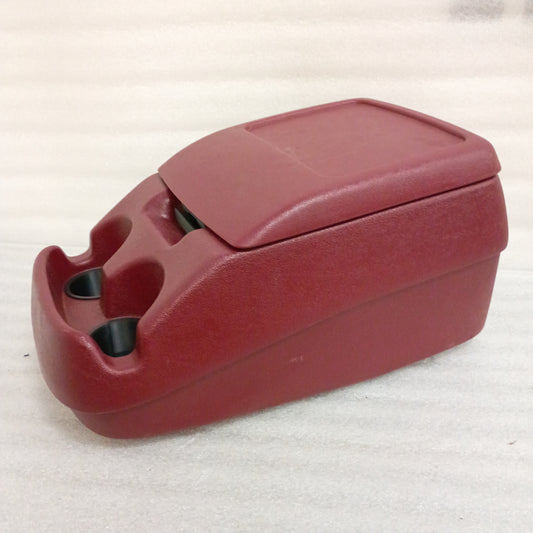 Red center console with cup holders for 1992-1997 Ford F150, F250, F350, Bronco; OEM part with new latch and accessories.