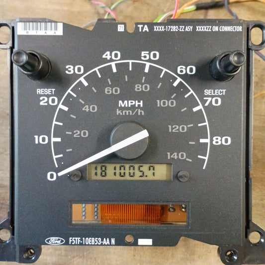 Ford speedometer for 1992-1997 F150, F250, F350, Bronco, showing 181,005.7 miles, excellent condition, working odometer.