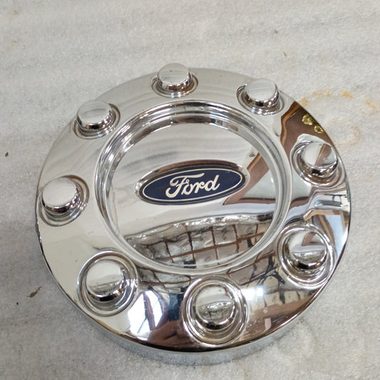 Ford chrome 8 lug wheel center cap, OEM, for 2005-2010 F-250/F-350 Super Duty, snap-in, car wash safe.