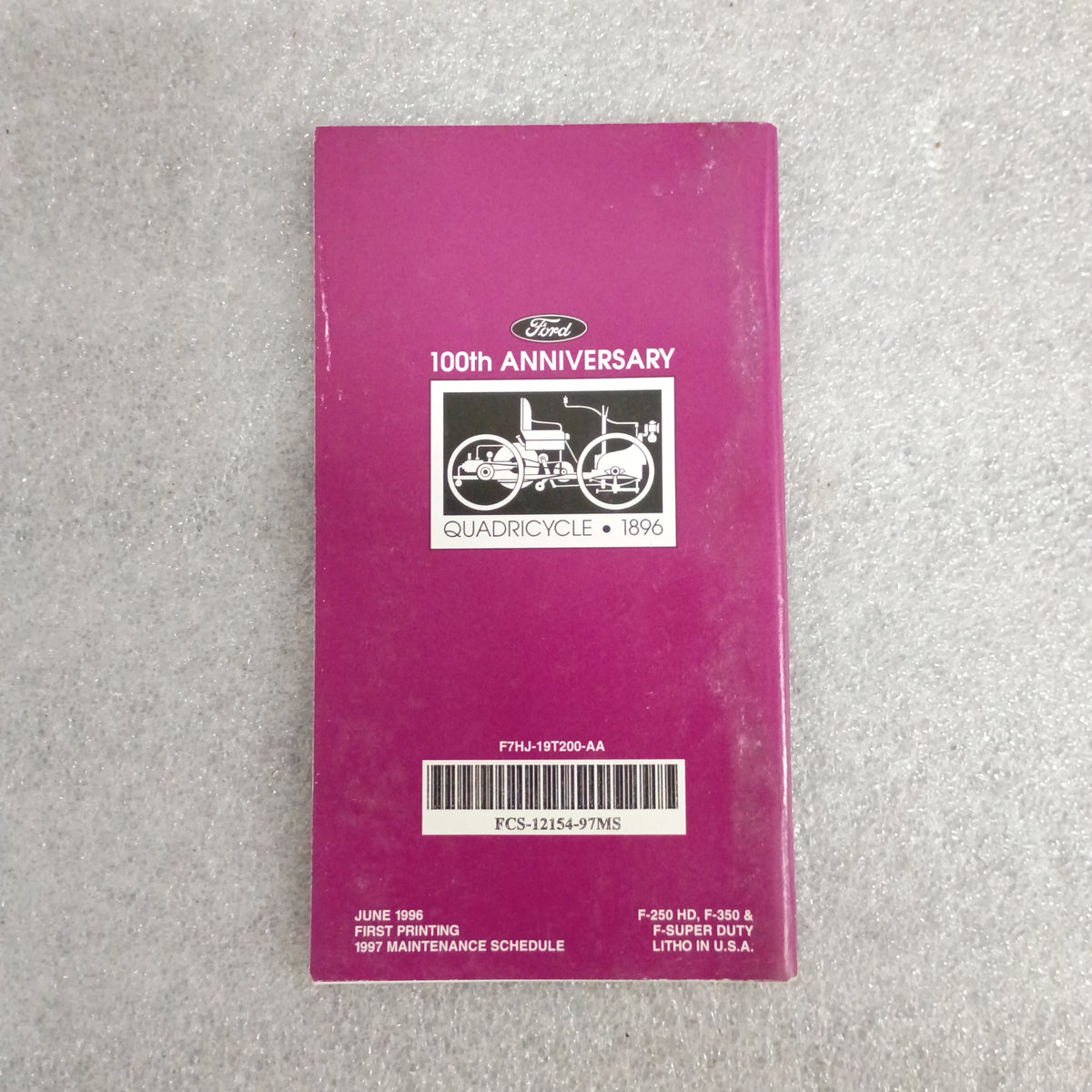 Ford 100th Anniversary 1997 Maintenance Schedule booklet cover, featuring a Quadricycle illustration on a purple background.