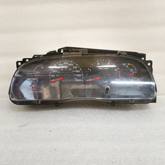 Ford OEM gauge cluster for 03-04 F250/F350 Super Duty Diesel. Displays speed, RPM, engine/temp, oil pressure. Max 100 mph.