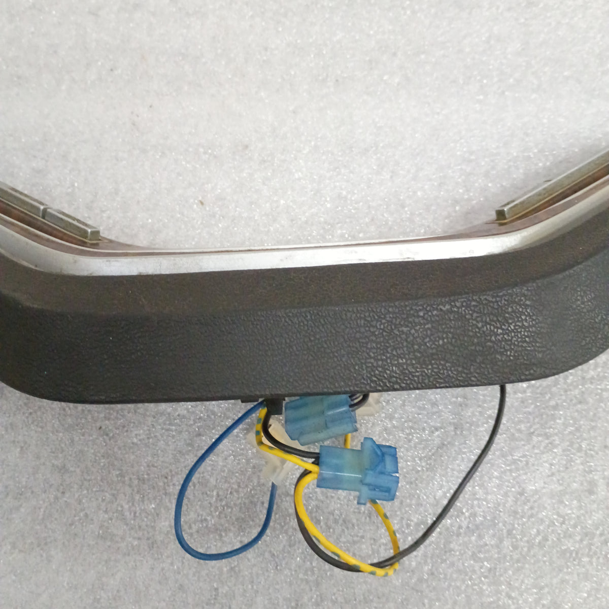 Ford Rose Wood Grain Steering Wheel Horn Pad with cruise control buttons, wiring visible, for 1980-1986 F-Series trucks.