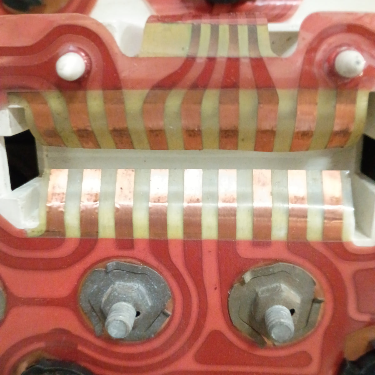 Close-up of circuit board and connectors on a refurbished 80-86 Ford Truck gauge cluster, featuring copper traces.