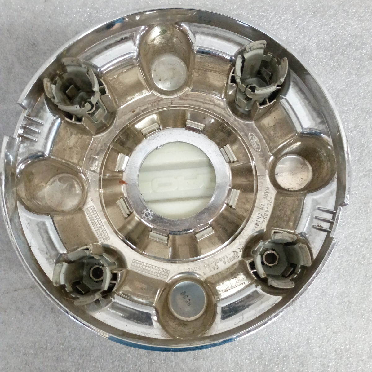 Ford chrome wheel center cap, 8 3/8" diameter, OEM part HC3C-1A096-KD, compatible with 2017-2023 F-250 and F-350 Super Duty.