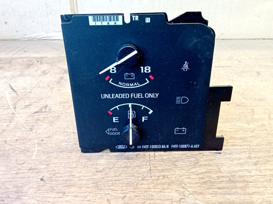 OEM Ford battery voltage and fuel level gauge for 1994-1997 F-150, F-250, F-350, and Bronco. Features "UNLEADED FUEL ONLY" text, battery meter, fuel gauge, and warning light icons. Part number F4TF-10E853-BA.