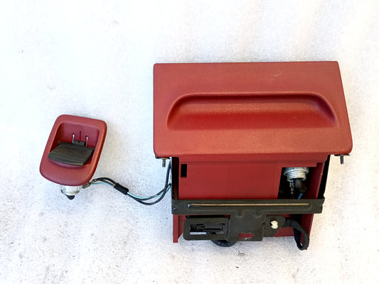 Red ashtray assembly with power port and wire harness for 1992-1996 Ford F150, F250, F350, and Bronco.