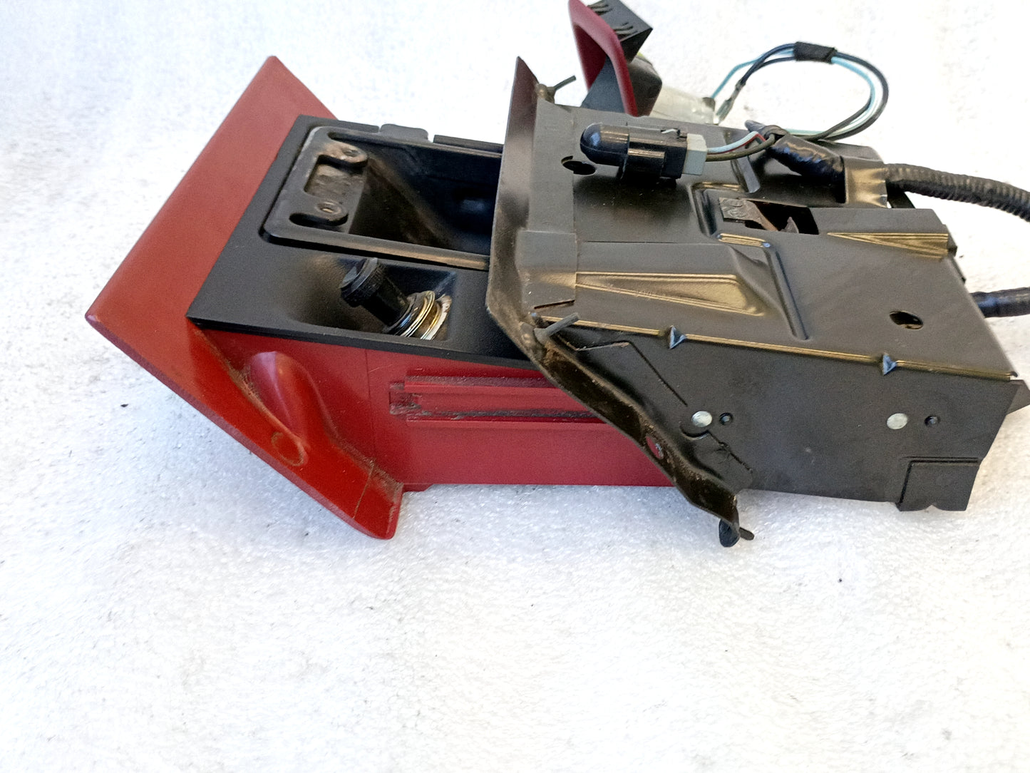 Red ashtray assembly with power port and wire harness for 1992-1996 Ford F150, F250, F350, Bronco; refurbished wiring.