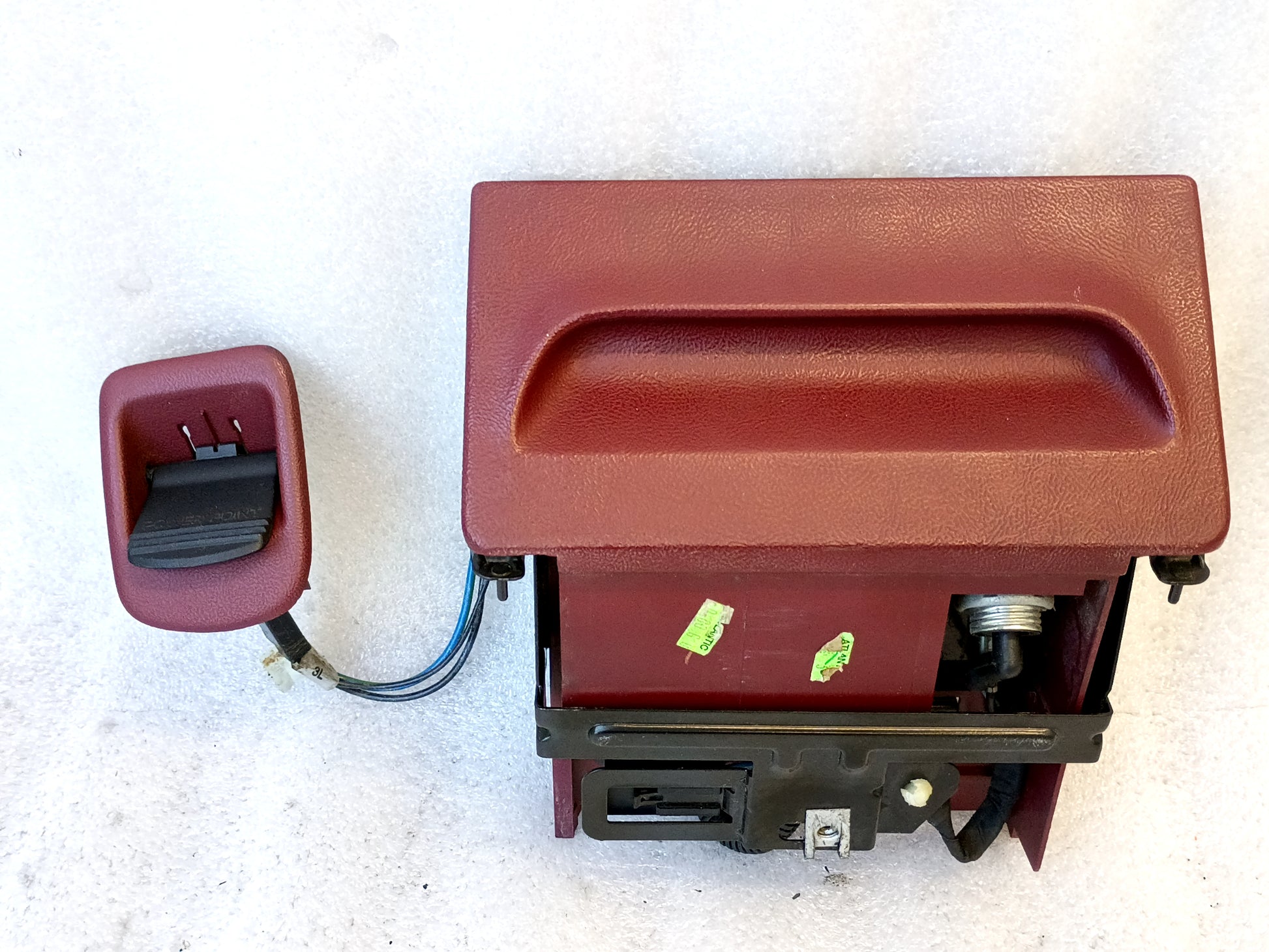 Refurbished 92-96 Dark/Ruby Red Ashtray Assembly with power port, wire harness, and mounting bracket for Ford F150-F350 Bronco.