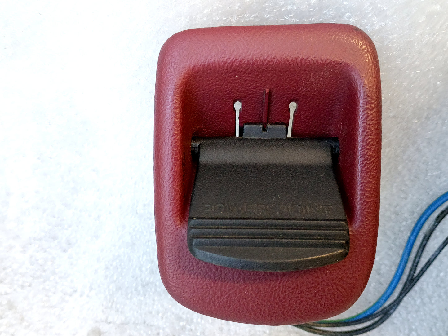 Refurbished dark ruby red ashtray assembly with power port and wiring harness for 1992-1996 Ford trucks and Bronco.
