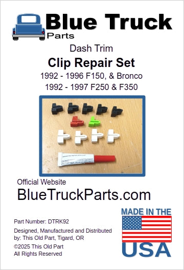 Blue Truck Parts Dash Trim Clip Repair Set (DTRK92) for 1992-1997 Ford F150, F250, F350, and Bronco, featuring ten multi-colored plastic clips and a tube of glue.