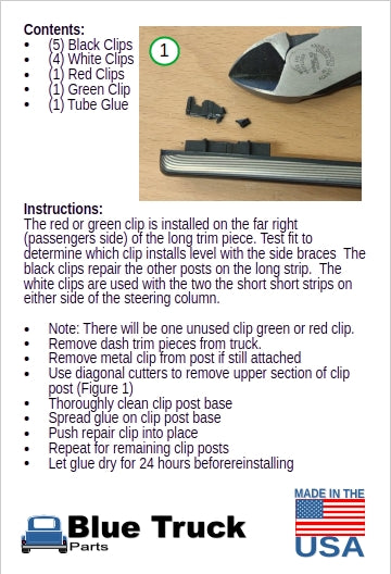 Instruction sheet for the Ford dash trim strip repair kit by Blue Truck Parts, detailing kit contents, step-by-step installation steps, and a photo demonstrating how to trim a clip post with diagonal cutters.
