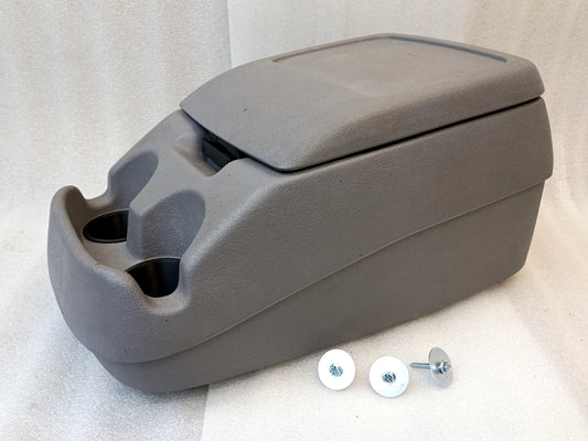 Light/Opal Gray Ford center console with dual cup holders, latch assembly, and mounting bolts for 92-97 F150, F250, F350, Bronco.