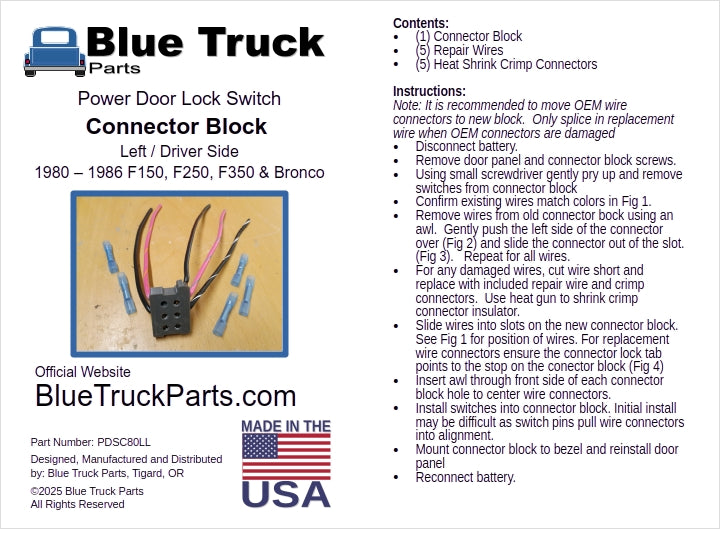 80-86 Right Power Lock Switch Connector w/ Wire Pigtail F150 F250 F350 Bronco
