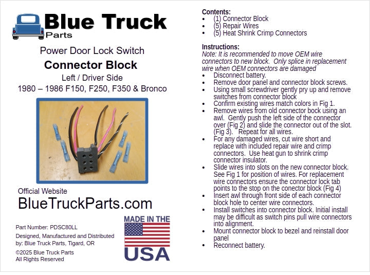 80-86 Left Power Lock Switch Connector w/ Wire Pigtail