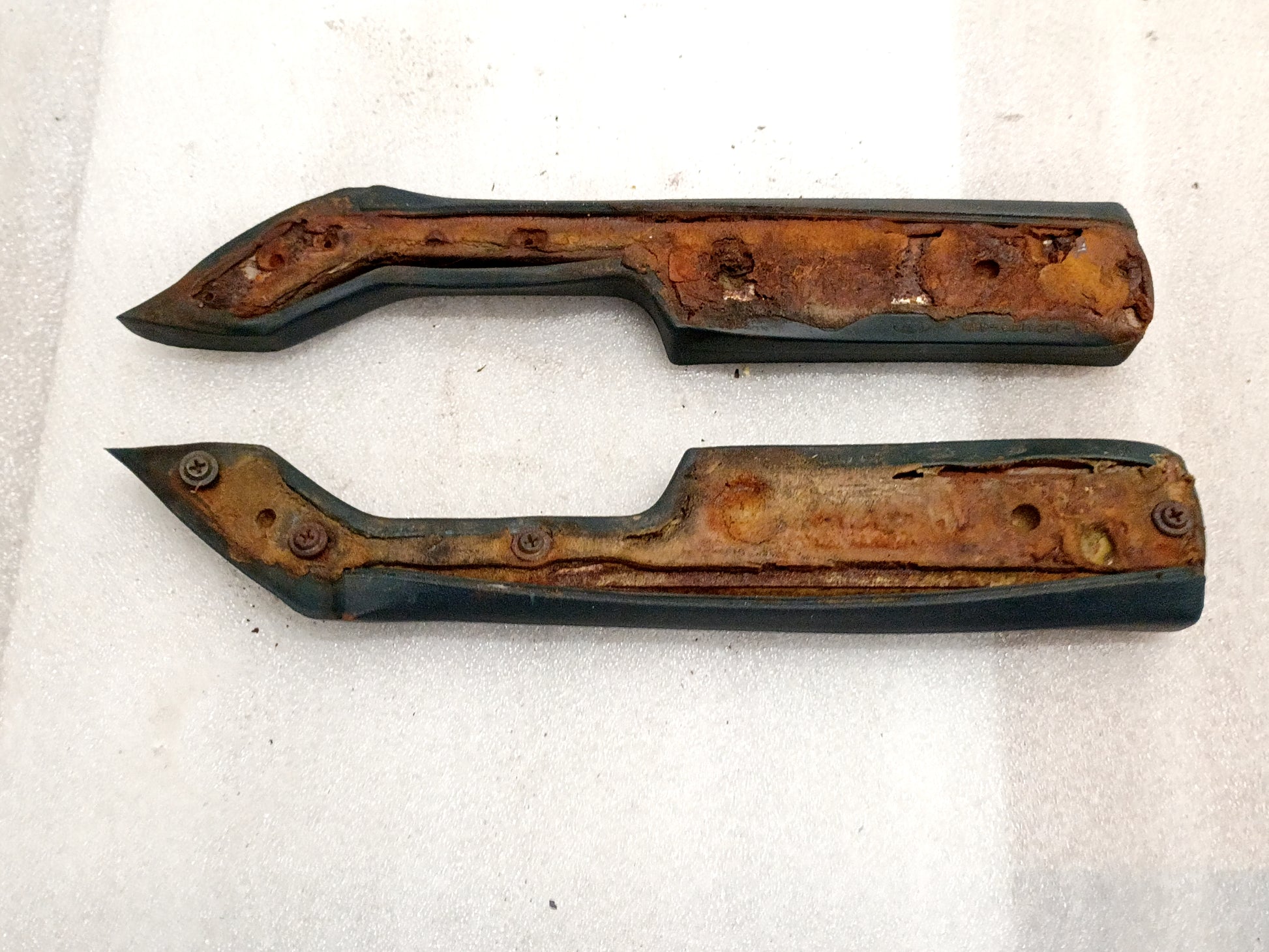 Dark Harbor Blue arm rests for 1980-1986 Ford F150, F250, F350, Bronco, showing rust and wear.