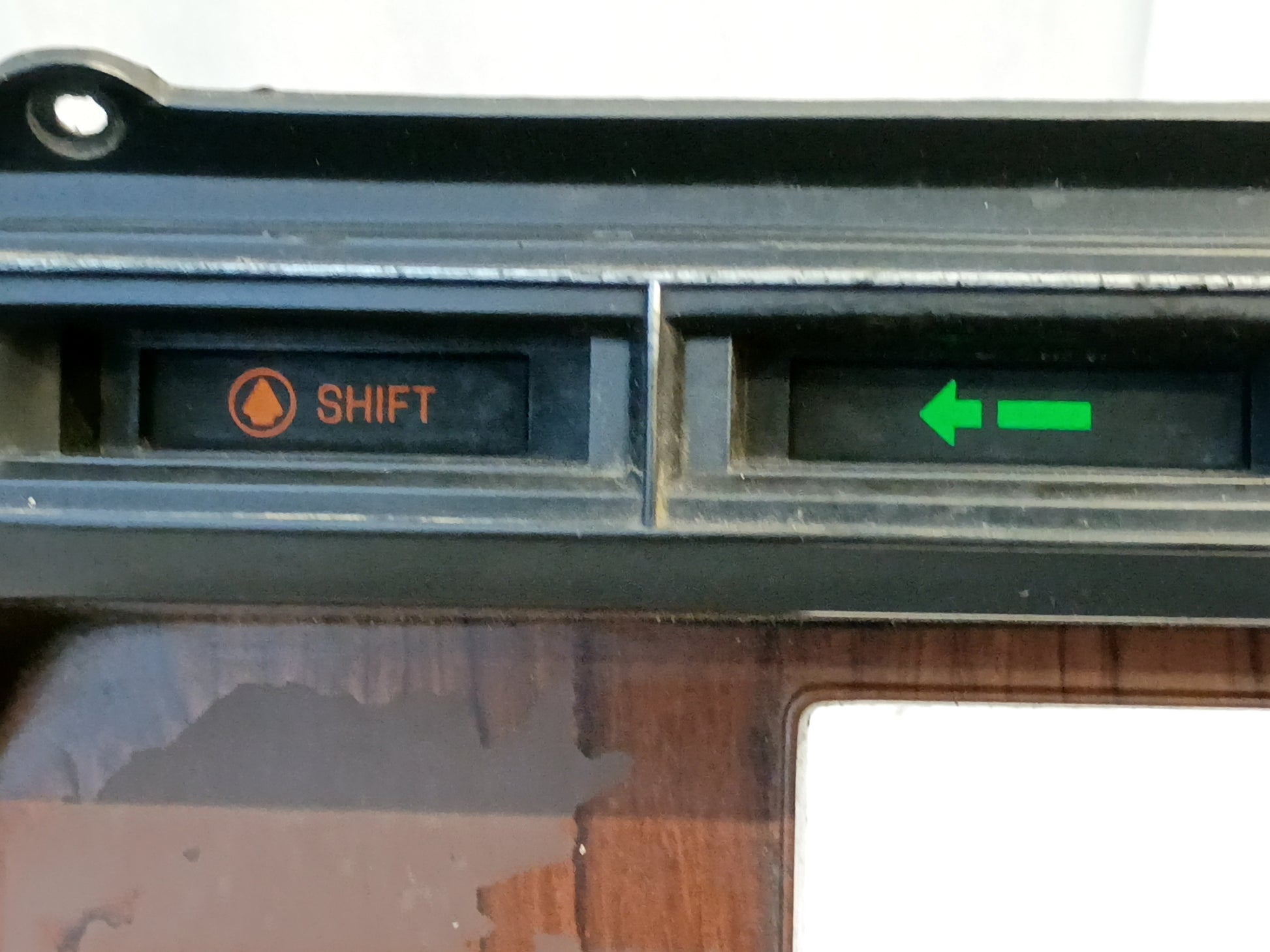 Ford gauge cluster bezel with rosewood pattern, diesel indicator lights, and shift/arrow symbols, compatible with 80-86 F250/F350.