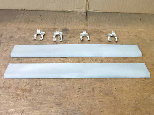 Ford Crew Cab rear pillar door trim pieces with mounting clips, primed and ready for painting, for 1980-1986 models.