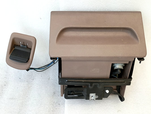 Tan/Mocha beige ashtray assembly with power port and wire harness for 1992-1996 Ford F150, F250, F350, Bronco.