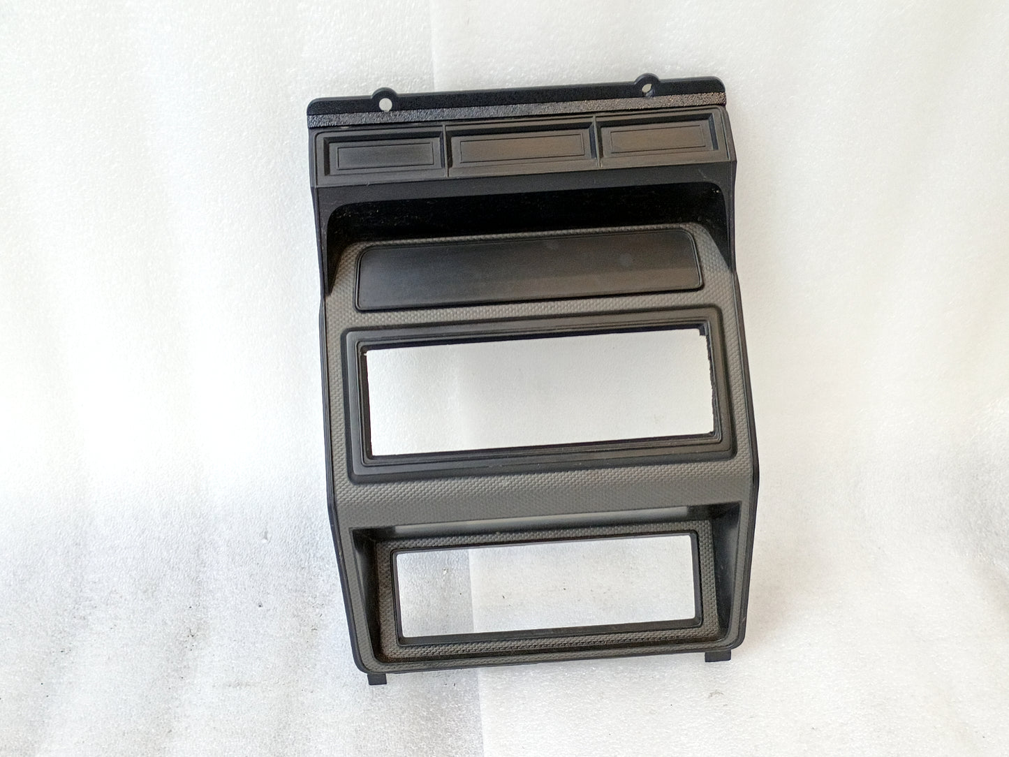 Silver radio and heater bezel for Ford trucks, single DIN radio hole, compatible with 1980-1986 F-150, F-250, F-350, Bronco.