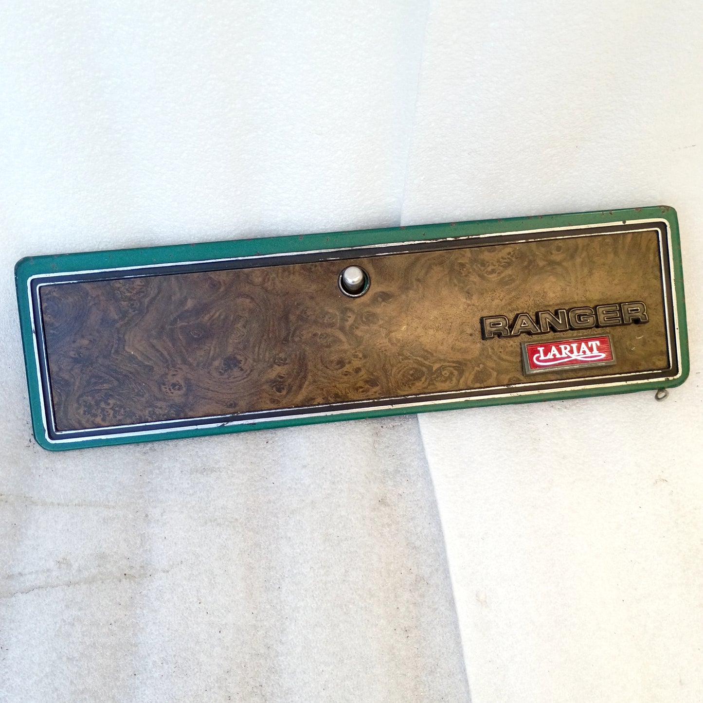 73-79 Green/Woodgrain Glove Box Door w/ Ranger Lariat Emblem (Used) Ford F100 F150 F250