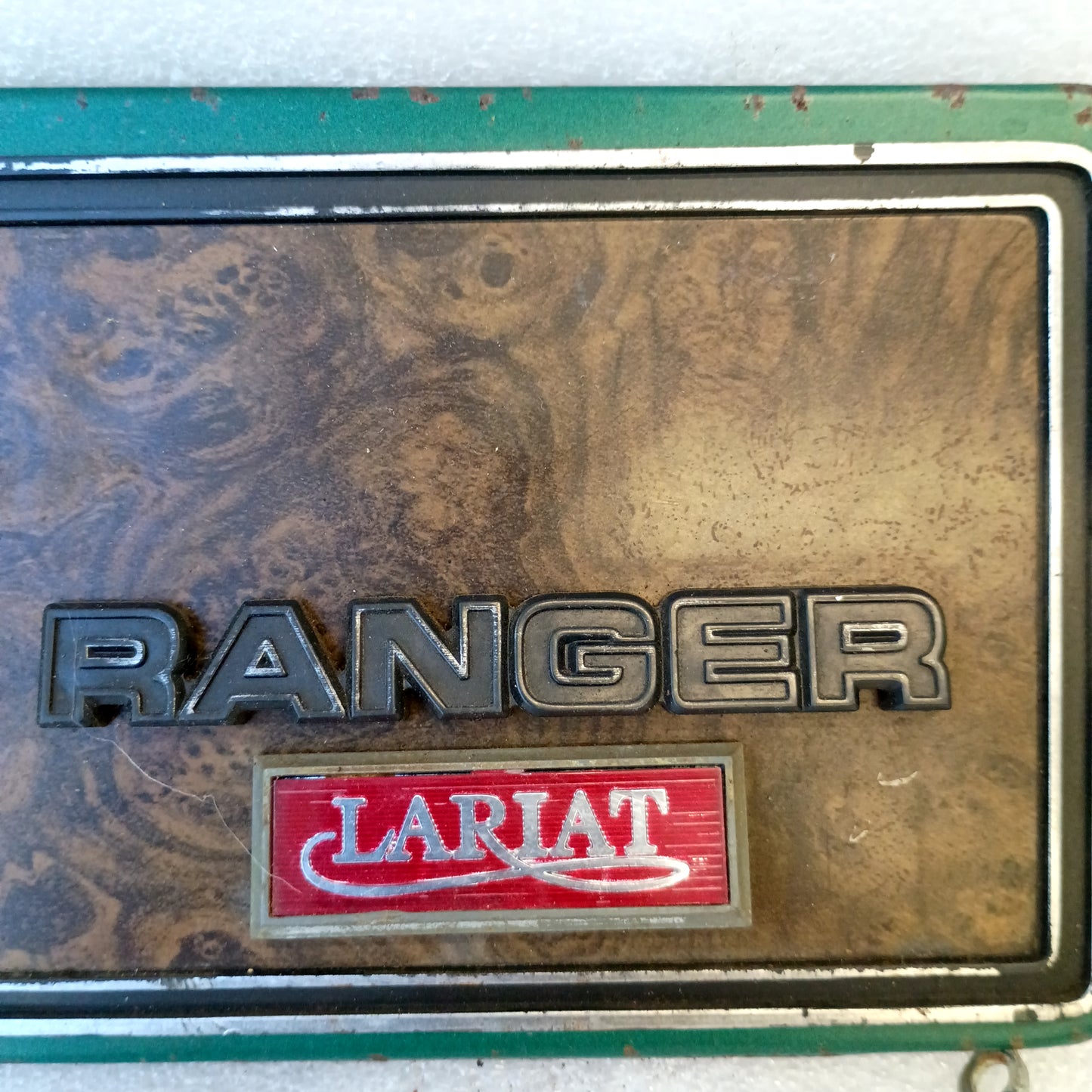 73-79 Green/Woodgrain Glove Box Door w/ Ranger Lariat Emblem (Used) Ford F100 F150 F250