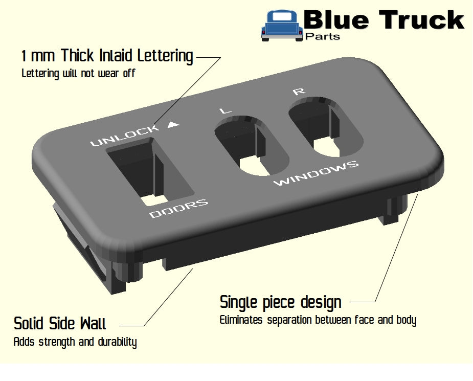 Ford power window and lock bezel for F150, F350, Bronco; black with inlaid lettering, single-piece design, improved durability.
