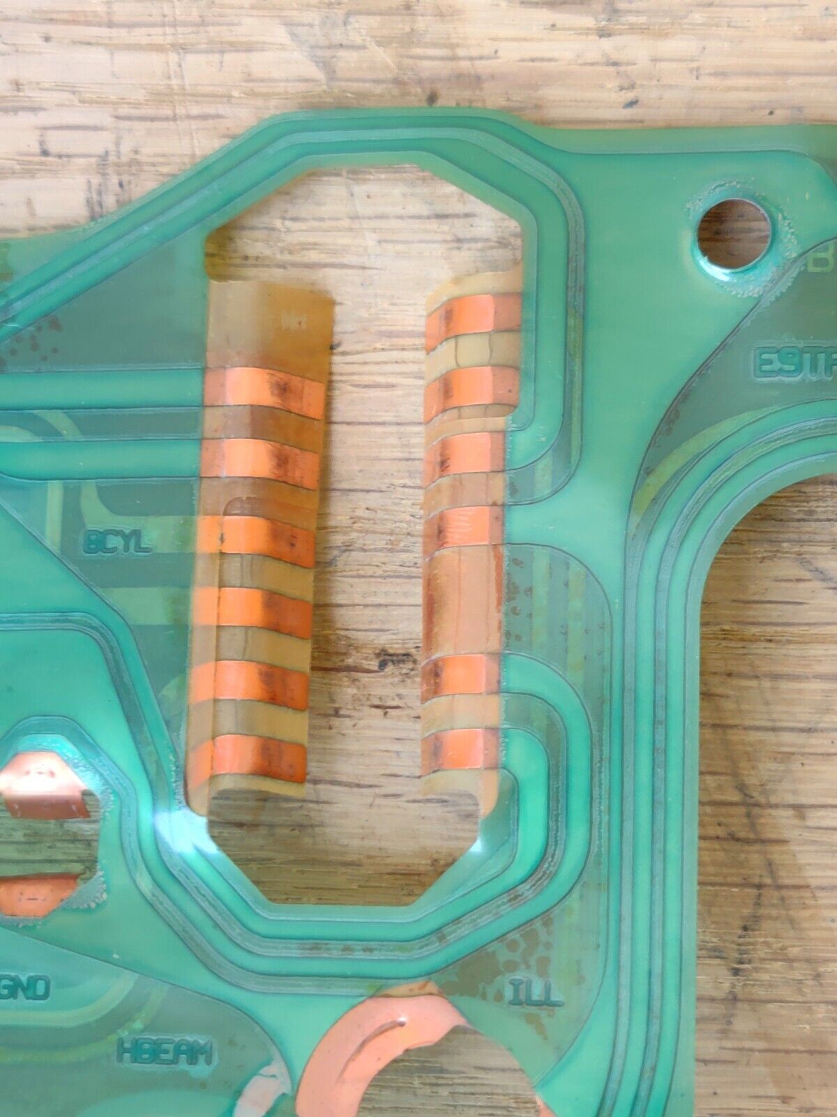 Ford gauge cluster circuit board with copper connectors for 87-91 F150, F250, F350, Bronco; good condition.