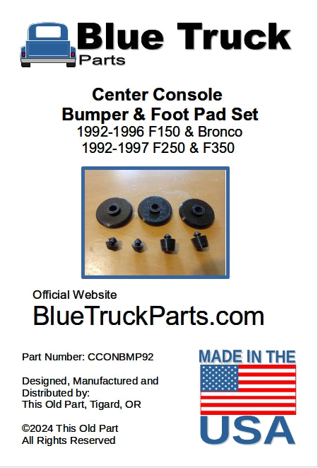 Blue Truck Parts bumper and foot pad set for 1992-1997 F150, F250, F350, Bronco. Includes replacement rubber bumpers and foot pads.