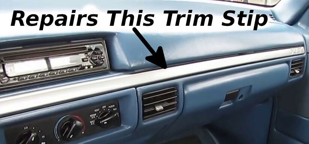 Blue 1992-1996 Ford truck dashboard with a black arrow and text pointing to the silver trim strip indicating it repairs this component.